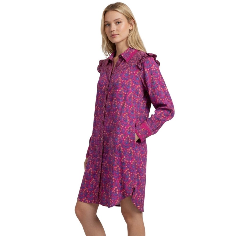 Roller Rabbit Womens XS Pink Floral Block Print Ruffle Shoulder Shirt Dress